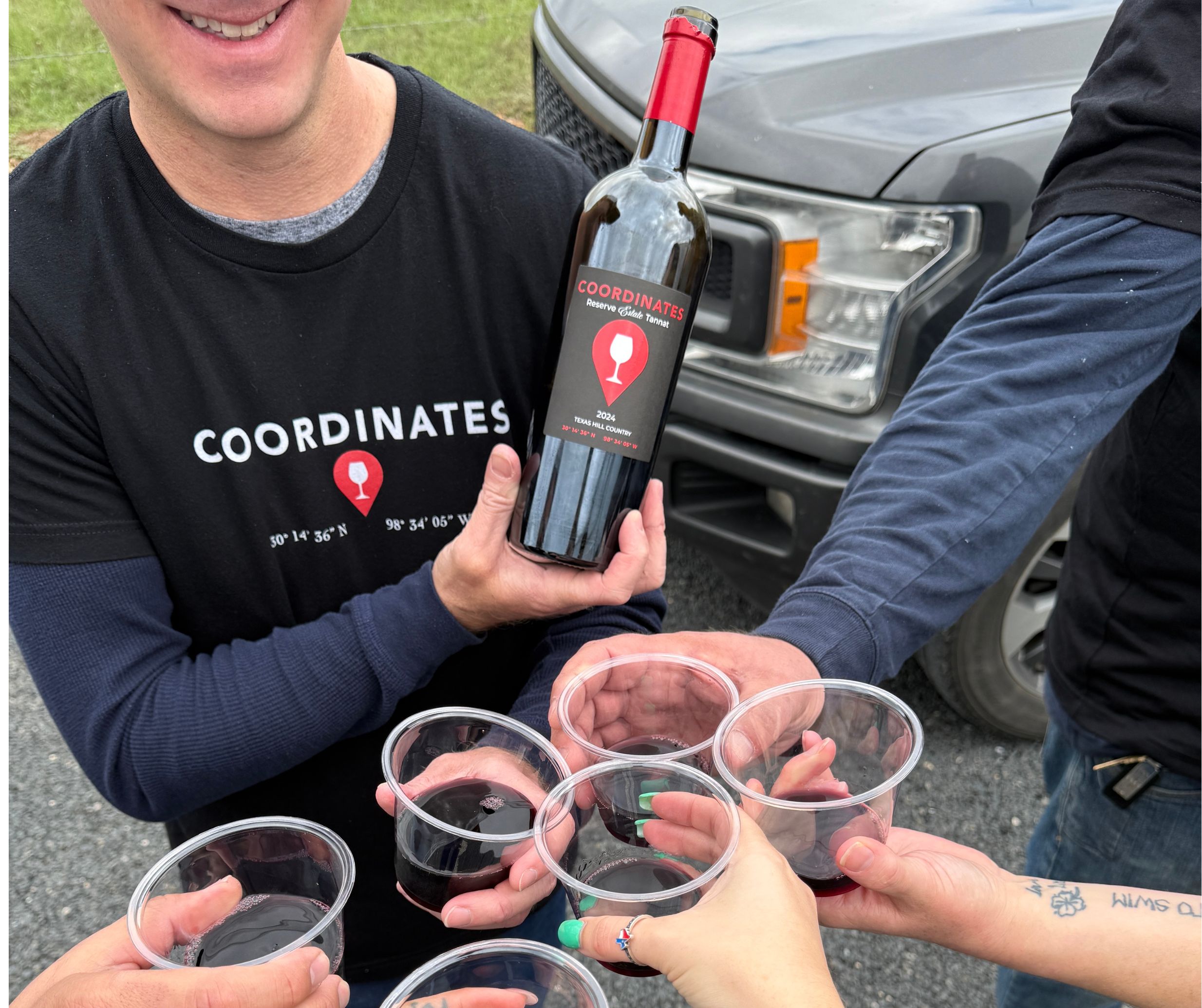 Coordinates Vineyards team tasting limited Estate Tannat after bottling at the Hye, Texas vineyard farmhouse.
