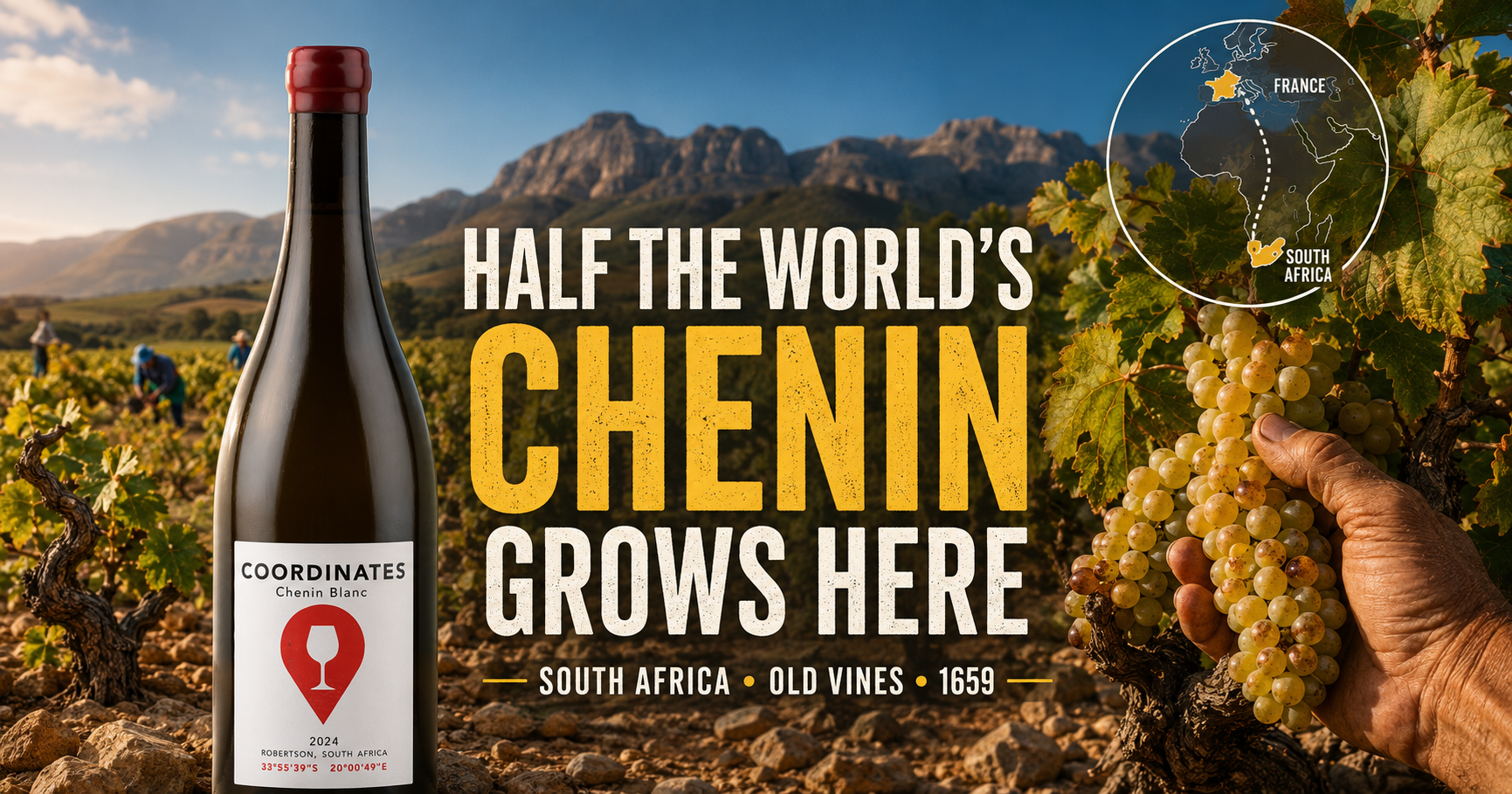 Old dry-farmed Chenin Blanc bush vine in a stony South African vineyard, with a bottle of Coordinates Vineyards Chenin Blanc from Robertson
