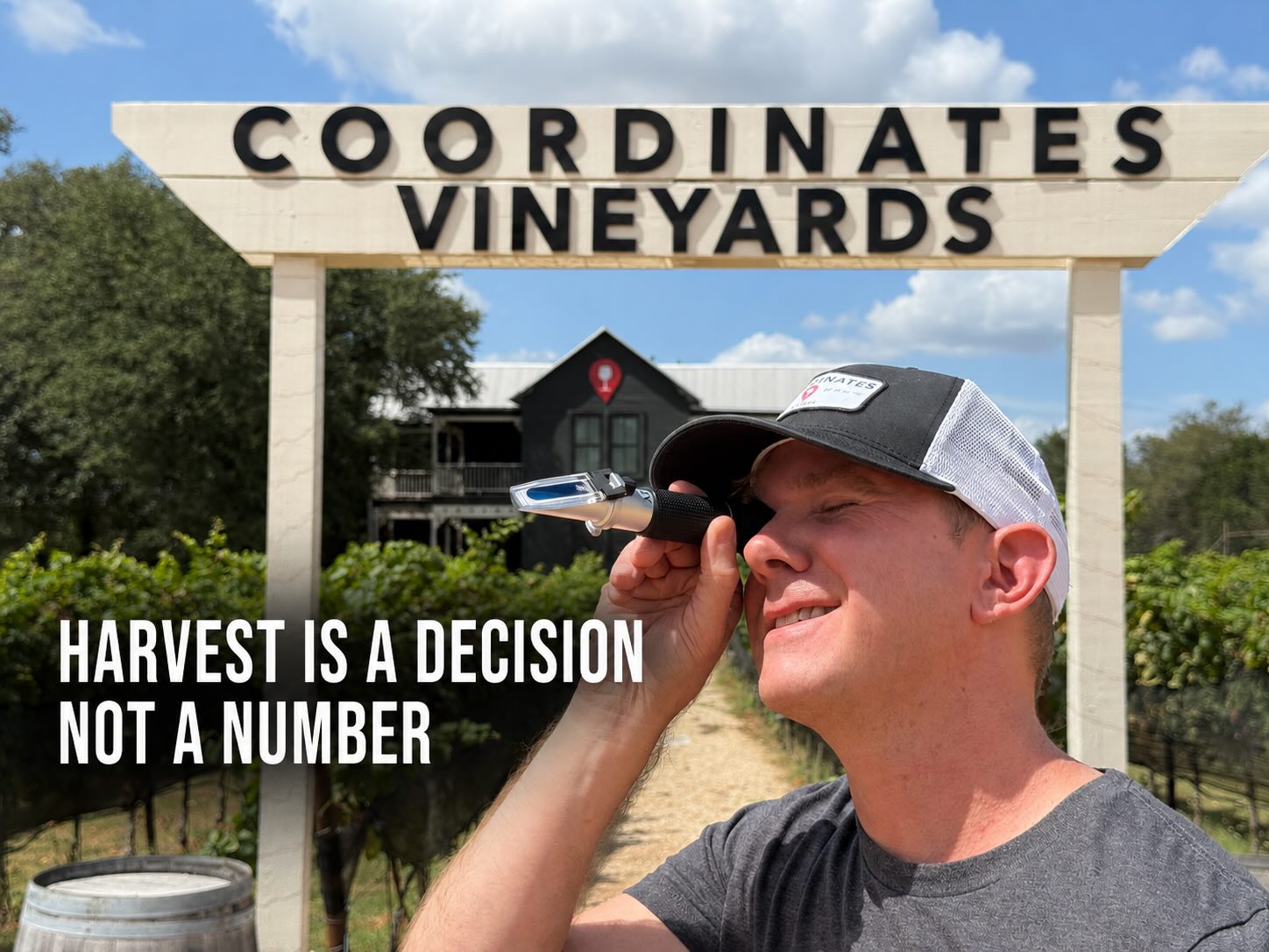 Austin Kerr tests Estate Tannat ripeness with a refractometer at Coordinates Vineyards in Hye, Texas before the 2026 Harvest